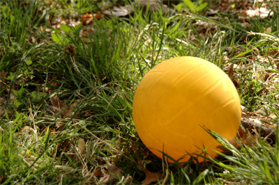 Yellow Ball in Green Grass (that needs mowing)